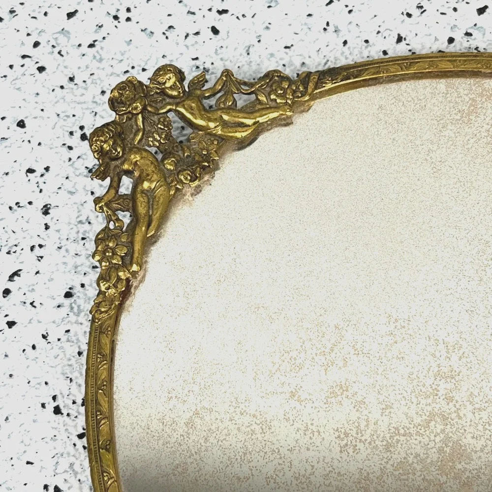 Hollywood Regency Vanity Mirror Tray Vintage Gold Tone Metal Ornate Cherub Oval